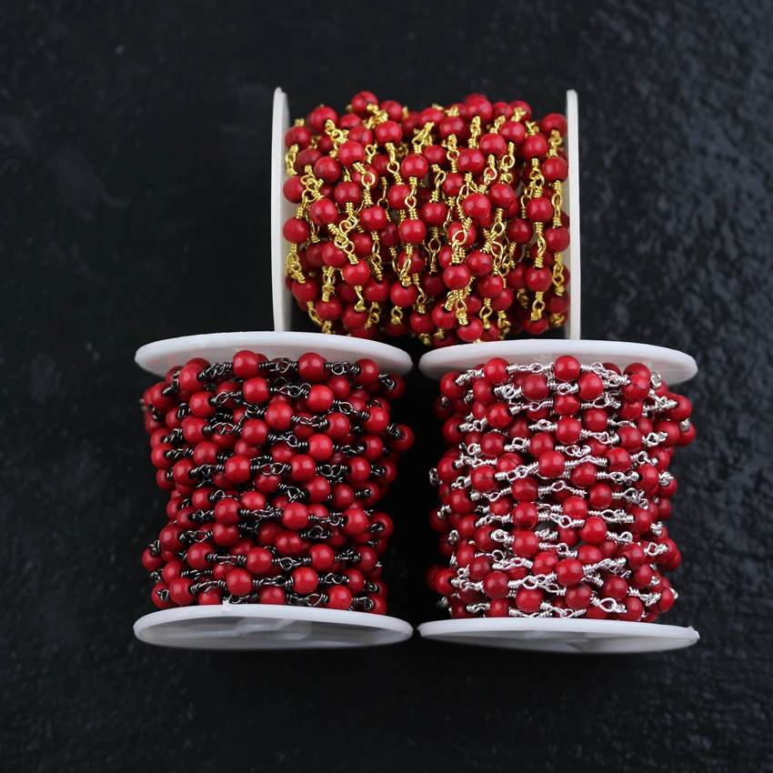 6mm Red Turquoises Howlite Round Ball Shaped Beads Chains Jewelry Bulk.Wire Wrapped Copper Links Bracelet Necklace | Украшения и