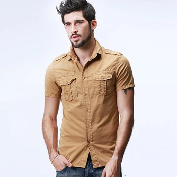 

Summer 2018 New Men Slim Fit Cotton Short Sleeve Cardigan Blouse Shirt , Male Man Yellow Safari Style Casual Shirts Blouses