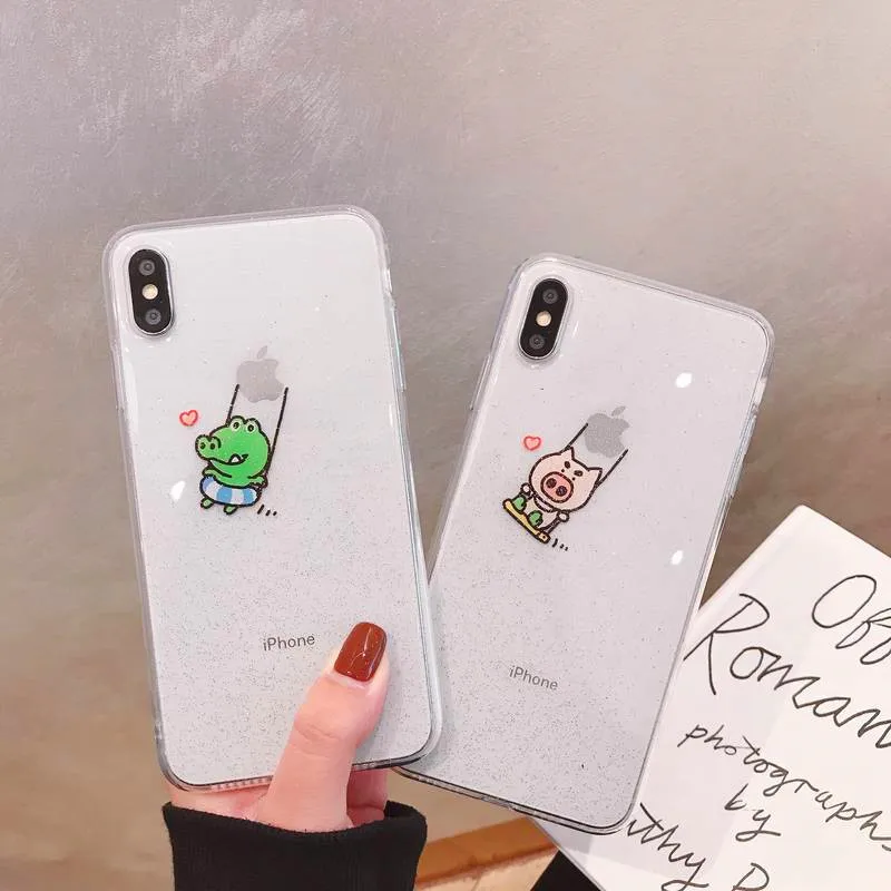 

Super Cute lucency shimmering powder cartoon crocodile and pig personality case for iphone 6 7 8 Plus X XR XS MAS phone cases
