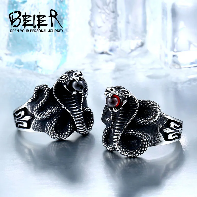 BEIER Cobra Red Stone Snake Ring Factory Price Stainless Titanium Steel Punk Heavy Metal Animal Jewelry BR8-216