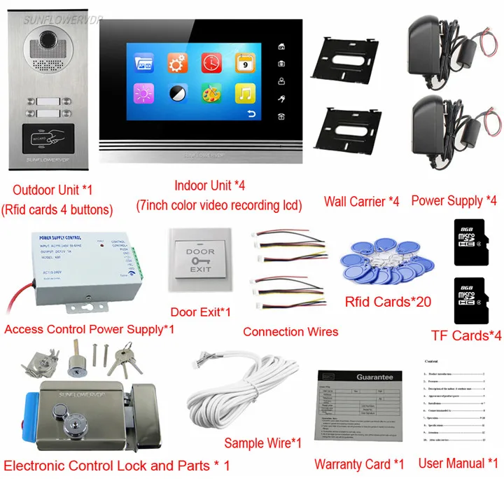Rfid брелок видео дверь система входа 8 ГБ TF запись 7 "цветной монитор домофон видео дверной звонок, камера для 4 единиц с замком