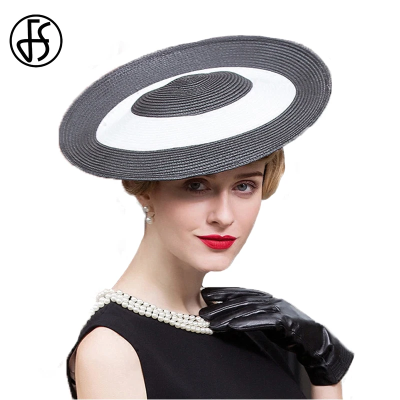 

FS Fascinator Summer Black White Vintage Pillbox Hat Wide Brim Ladies British Wedding Derby Hats For Women Fedora Hat Party Caps