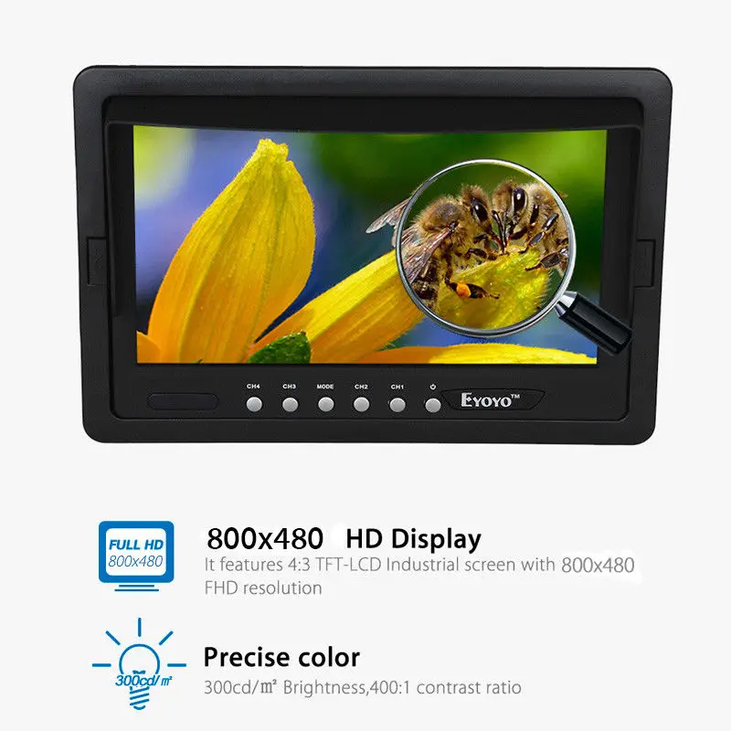 Eyoyo 7 Inch HD 4 Split Quad Video Display 4CH AV Input TFT LCD Car Rear View Monitor Free shipping