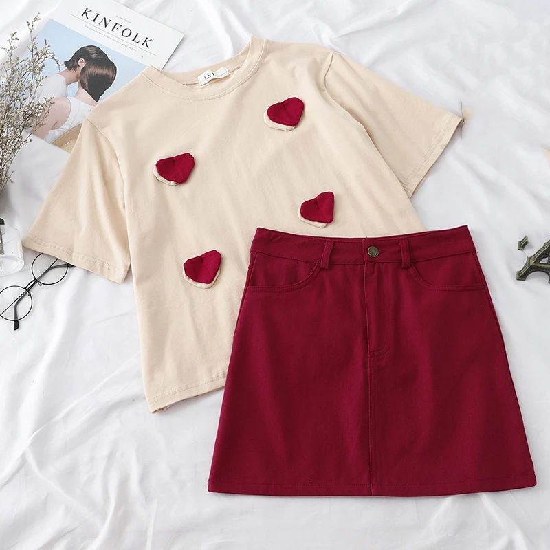 

Taotrees 3D Heart Short Sleeve T-shirt Top +High Waist Two Piece Set Female Summer Skirt Suit