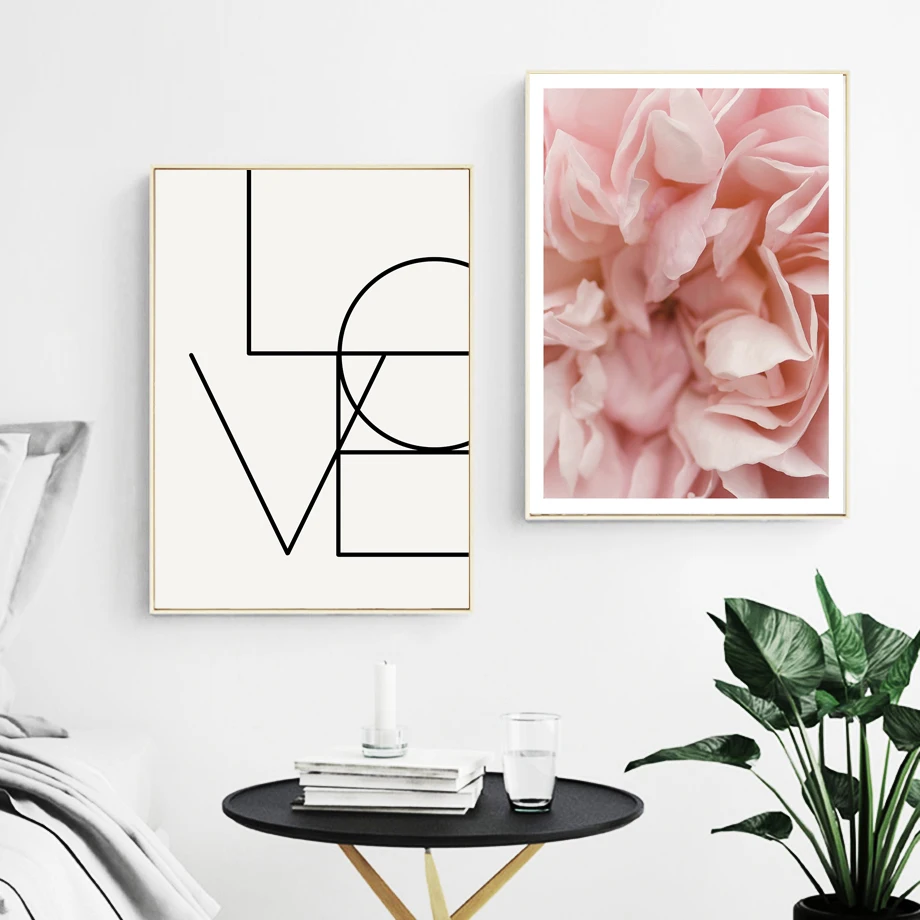 Pink Flower Love Quotes Wall Art Canvas Painting Nordic