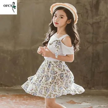 

Girls Sets Kid Baby Short Sleeves Dew shoulder White Top+Printing Skirts 2Pcs Suit Girls Outfits Princess girls clothing sets 15