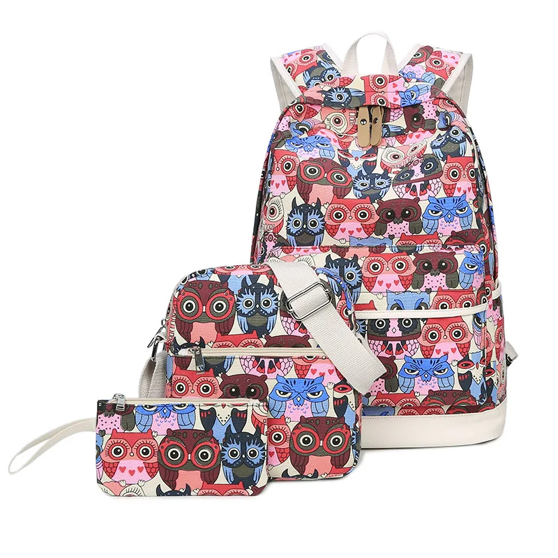 

Fashion 3 Pieces/Set Owl Animal Prints Girl Schoolbag Backpack Sac A Dos Fille Japanese Laptop Canvas School Satchel Rucksacks
