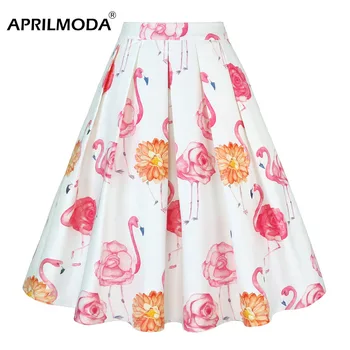 

Flamingo Print Rockabilly Retro Vintage Skirt Plus Size Pinup Swing Women High Waist Pleated Skater Flared Tutu Saias Femininas