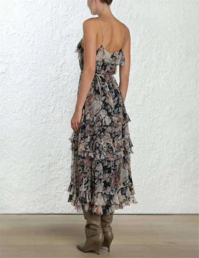 2019 new fuchsia flounce lace halter waist print dress sexy beach dress
