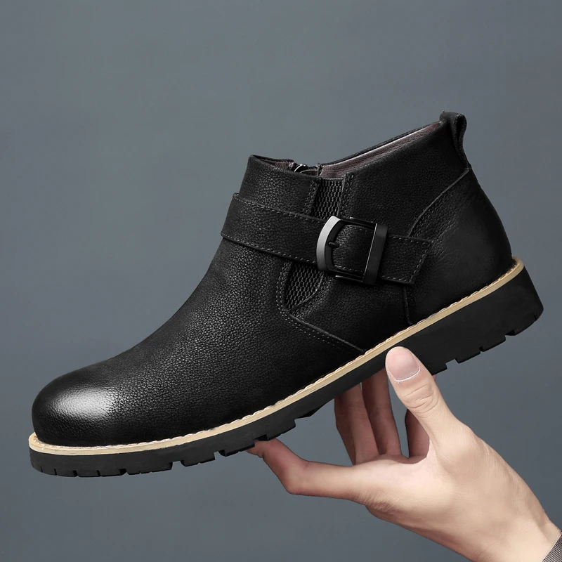 

2019 Autumn Winter Fashion Leather Men Boots Convenient Zip Round Toe Business Dress Boots Shoes Men Black Ankle Boots Men