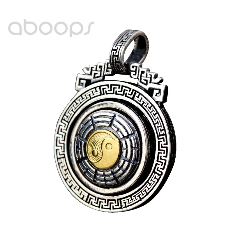 

Vintage Round Two Tone 925 Sterling Silver Taoism YinYang Taichi Bagua Spinner Necklace Pendant for Men Women Free Shipping