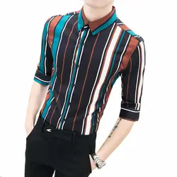 Мужская полосатая рубашка со средним рукавом Весна Новая мужская мода повседневные тонкие топы большой размер свободная темпера Мужская