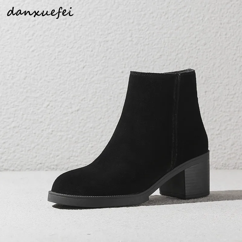 

Women's genuine suede leather thick high heel autumn ankle boots female leisure comfortable short booties high quality shoes hot