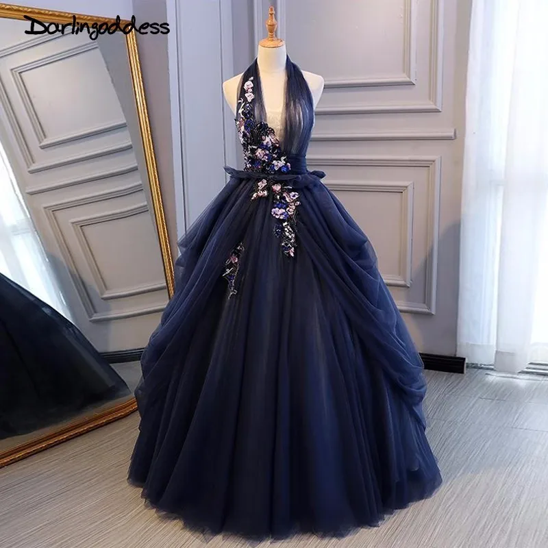 

Darlingoddess Vestido de Noiva Luxury Ball Gown Wedding Fresses 2018 Sexy Halter Corset Backless Flower Royal Blue Wedding Gowns