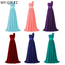 QNZL02# длинное шифоновое платье подружки невесты на одно плечо с молнией на спине, голубое и красное, зеленое, для свадебной вечеринки, выпускного вечера,, для дам, на заказ