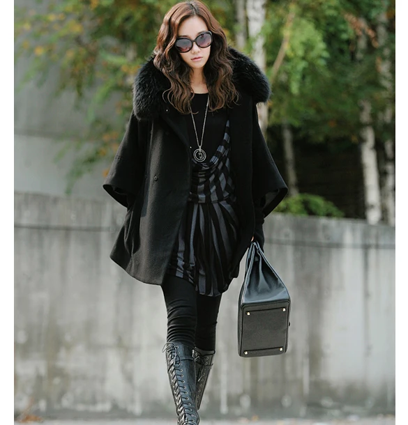Winter Coat Women Wool Blend Luxury Double Breasted Bat Cape Poncho Women Coat Jacket Faux Fur Collar Hooded Black Plus Size Winter Coat Women Wool Blend Luxury Double Breasted Bat Cape Poncho Women Coat Jacket Faux Fur Collar Hooded Black Plus Size