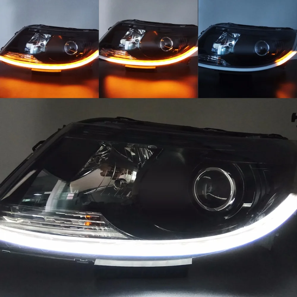 Koop 2 stks Waterdicht DRL 60 cm Dagrijverlichting Flexibele Zachte Buis Gids Auto LED Strip Wit headlightl Geel vloeiende styling
