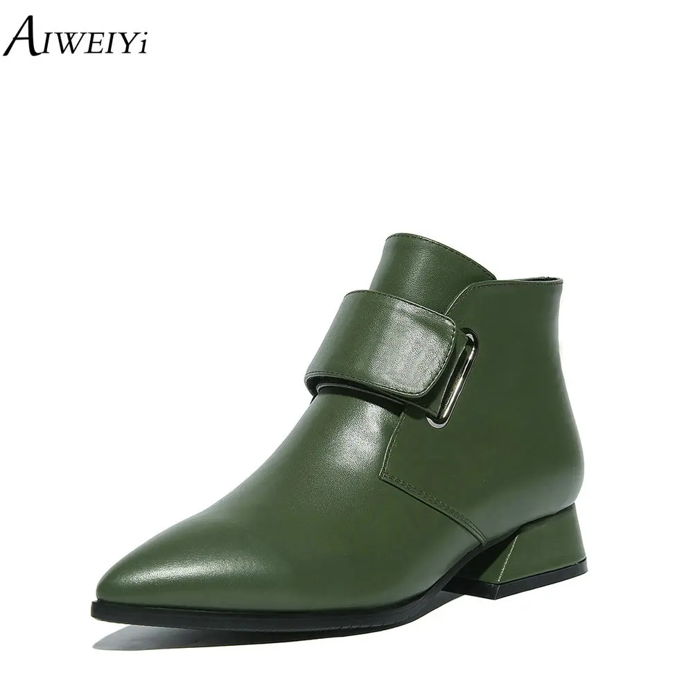 

AIWEIYi Fashion Motorcycle Boots Women Leather Spring Autumn Winter Buckle Strap Med Heels Shoes Black Ankle Boots Woman Shoes