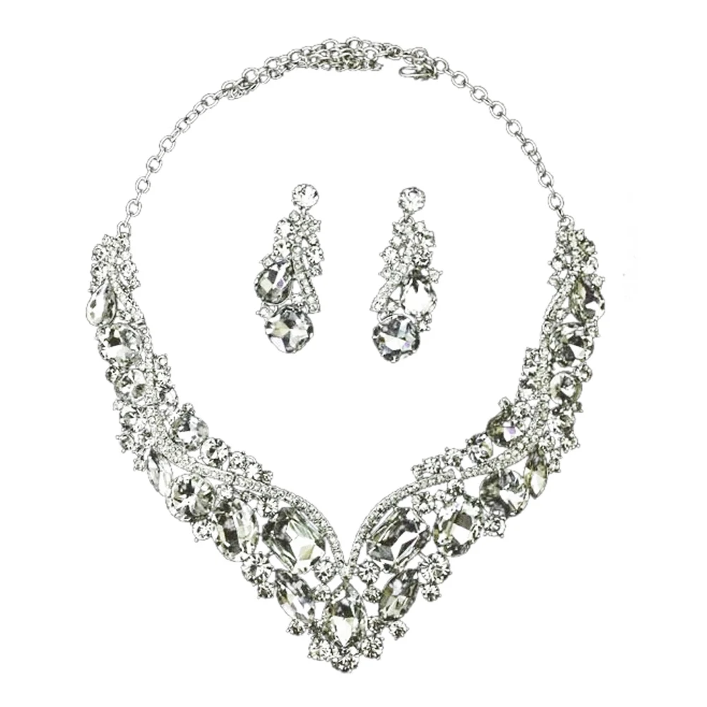 Luxury Rhinestone Crystal Earrings and Necklace Costume Bridal Jewelry
