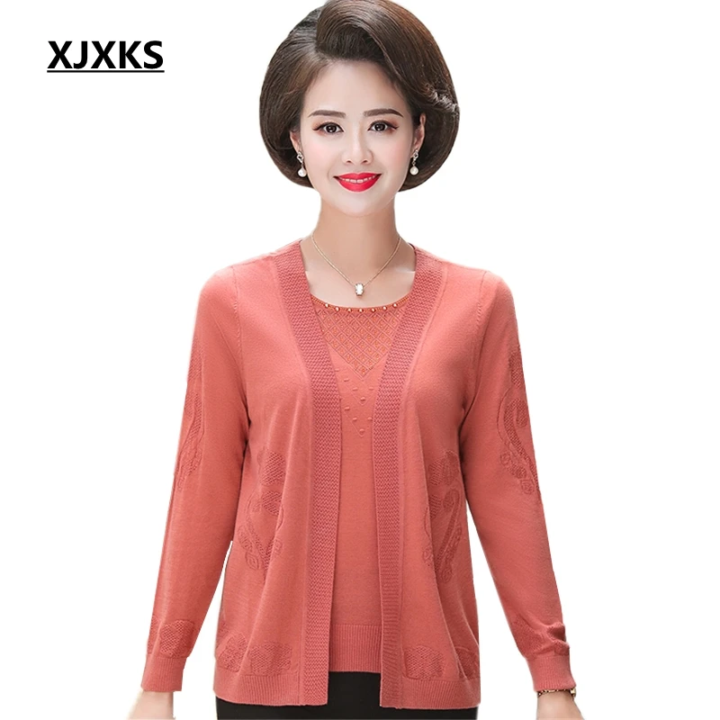

XJXKS New 2019 Large Size Women's Two-piece Sweaters Elegant Openwork Knit Top+Cardigan Sets Long-sleeved Women Sweater Set