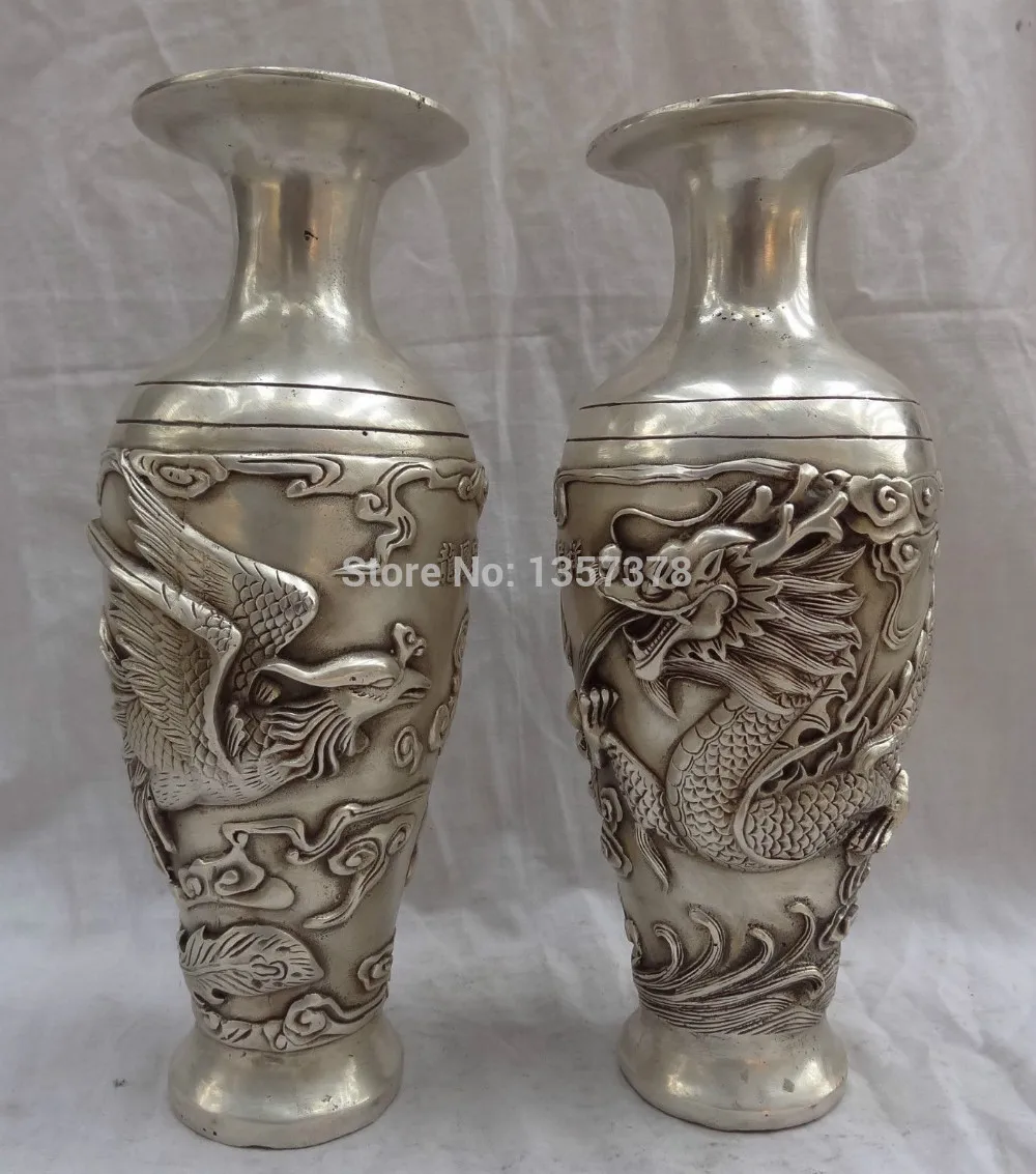 

shitou 00630 11" Chinese Silver Carved Dragon Phoenix Statue Twin Bronze Flower Pot Vase Pair