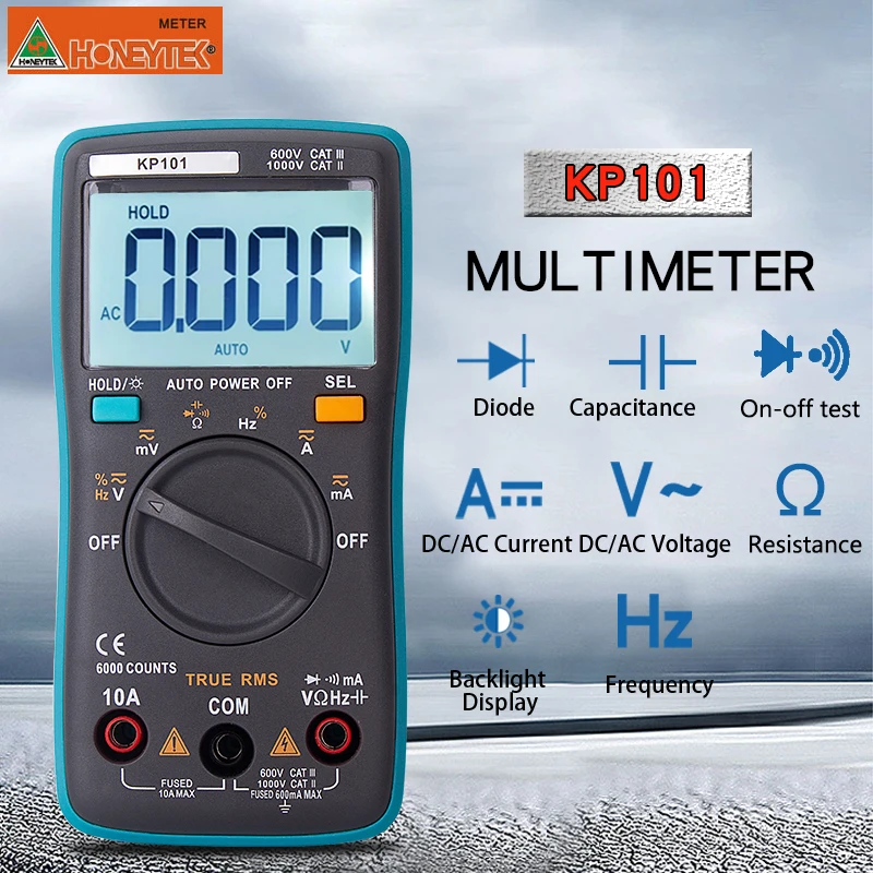 Honeytek Профессиональный цифровой мультиметр 6000 кол-во подсветка AC/DC Амперметр Вольтметр Сопротивление тока с проводом зонд