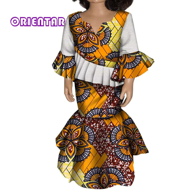 

2 Pieces Sets Cute Kids Girl Flare Sleeve Tops and Skirt Set African Print Children Shirt Skirts Bazin Riche Clothes WYT180
