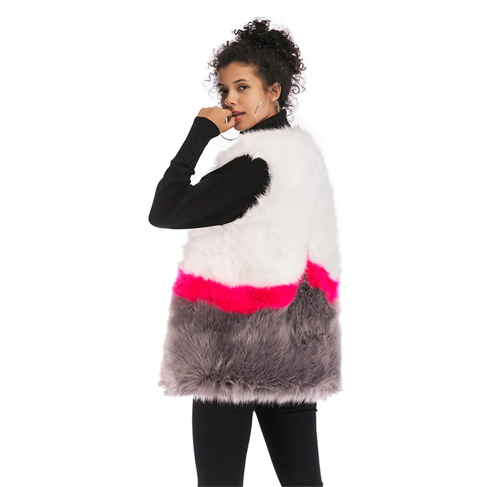 Multicolor Color Block Faux Fur Coat Casual Patchwork Long Sleeve Outerwear Women Winter Modern Lady Coats
