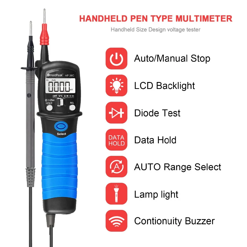 HoldPeak HP-38C цифровой автоматический диапазон Вольтметр портативный мультиметр Измерение сопротивление acvolt и диод с датой удержания