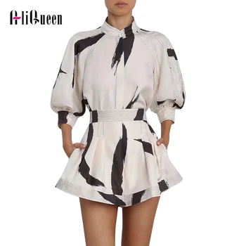 

Women 2 Piece Set Top and Pants Vintage Chinese Style Ink Printed Tops Short Sleeve Belt Blouse Shirt + Shorts Sets Club Outfits