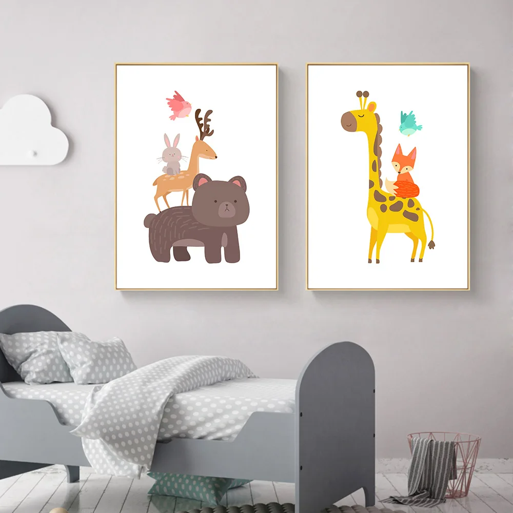 

Cartoon Animal Giraffe Bear Poster Prints On Canvas Waterproof Ink Home Decorarion For Children Baby Girl Room With Unframed