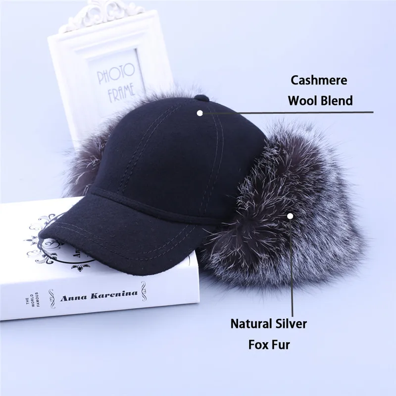 Real Fox Raccoon Fur Trim Cashmere Wool Blend Baseball Caps Earmuffs Cap Beanie