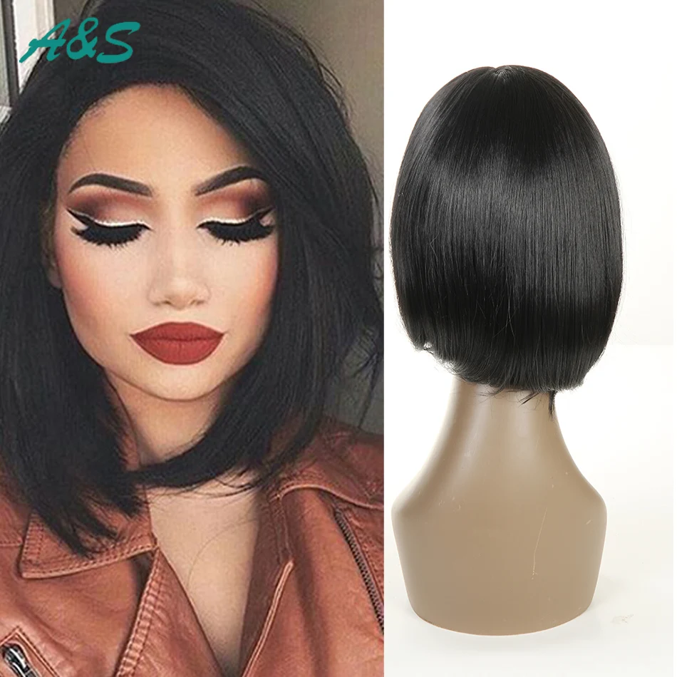 Shiny synthetic front lace wig pelucas pelo natural short wigs black