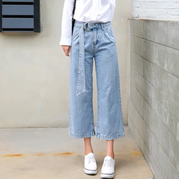 

Nonis 2018 New Women Autumn Wide Leg Ankle length with sash Loose Jeans Girl No elastic Street wear sweet Denim pants Trousers