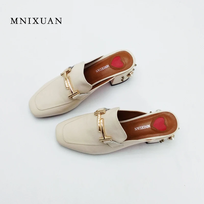 

Genuine leather Mules shoes women slippers 2017 new summer slides block heels square toe lady rivet gemstones sandals black red