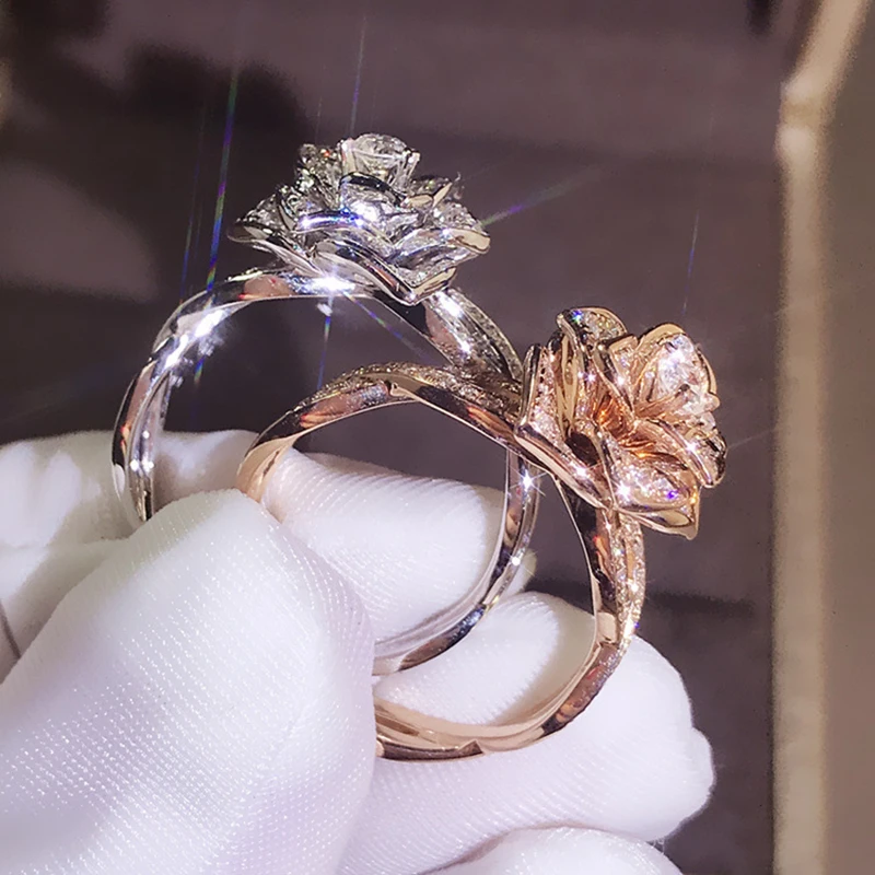 

Tisonliz Rose Gold Rings Flower Crystal Wedding Band Rings For Women Promise Engagement Rings Charms Jewelry Gift Dropshipping