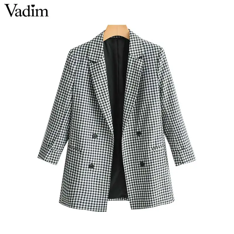 Vadim women sweet plaid blazer pockets notched collar long