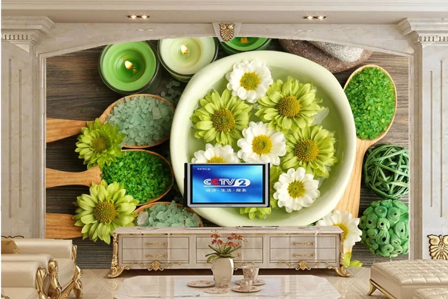 Us 10 73 63 Off Custom Camomiles Candles Spa Spoon Flowers Wallpapers Papel De Parede Living Room Tv Wall Bedroom Mural Wallpaper 3d In Wallpapers