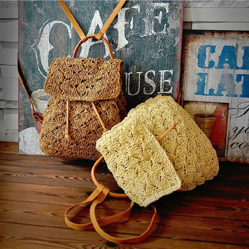 Beach Women's Backpacks Summer Straw Bags Drawstring Hollow Out Handmade Knitted Travel Backpack Design For Girls B-018 4