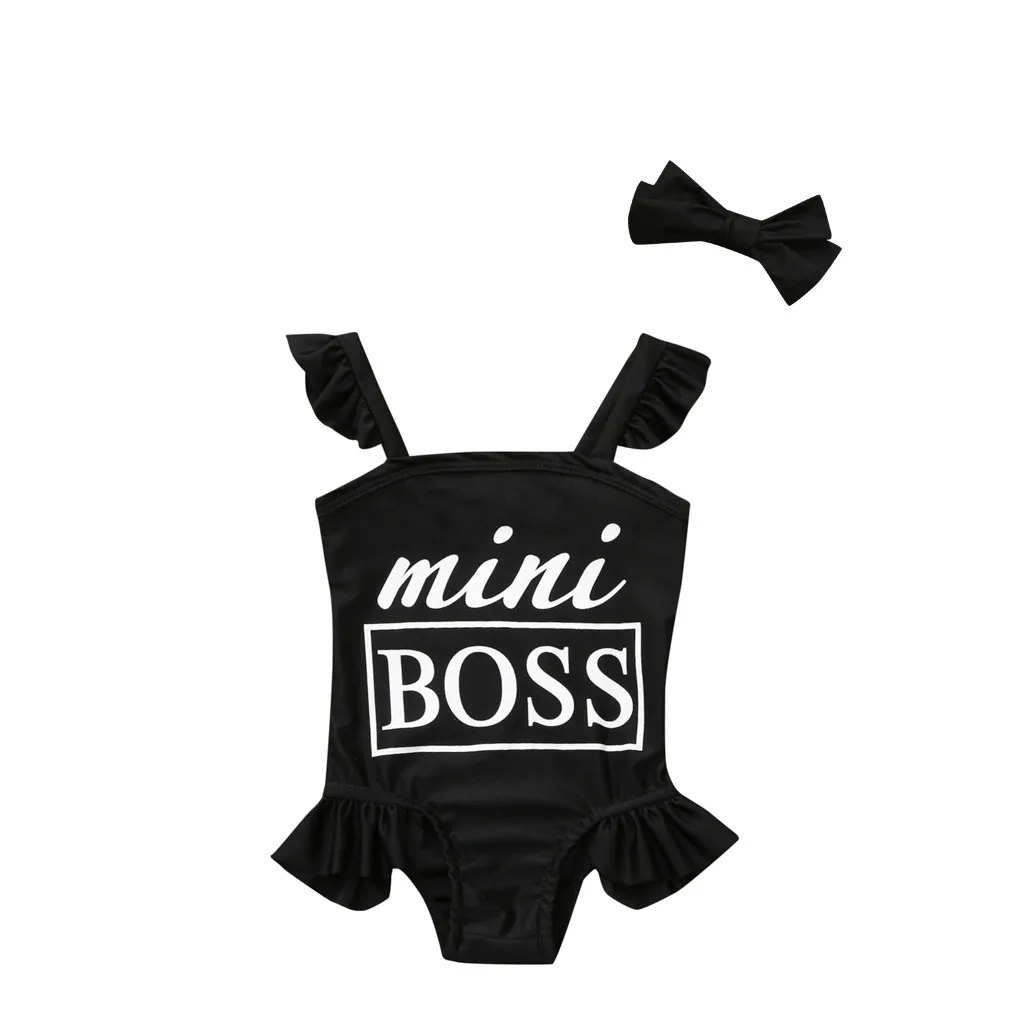 Детский слитный купальник без рукавов с оборками и надписью «Mini Boss» для маленьких девочек, одежда для купания+ повязка для волос, купальный костюм, купальник-бикини