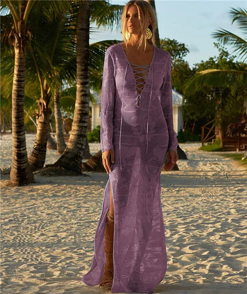 Новое поступление, сексуальный пляжный вязаный женский купальник, Рашгард, пляжный кафтан, платье с запахом, халат de Plage Saida de Praia - Цвет: Фиолетовый