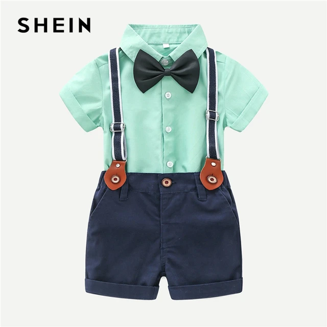 SHEIN Kiddie Toddler Boys Bow Tie Shirt With Shorts Formal Outfits