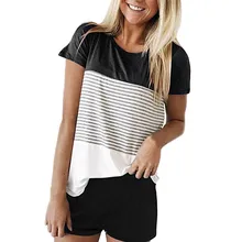 Для женщин полосатый короткий пижамный комплект шорты контрастных цветов рукавом пижамы комплект s летние шифоновое платье 40al30