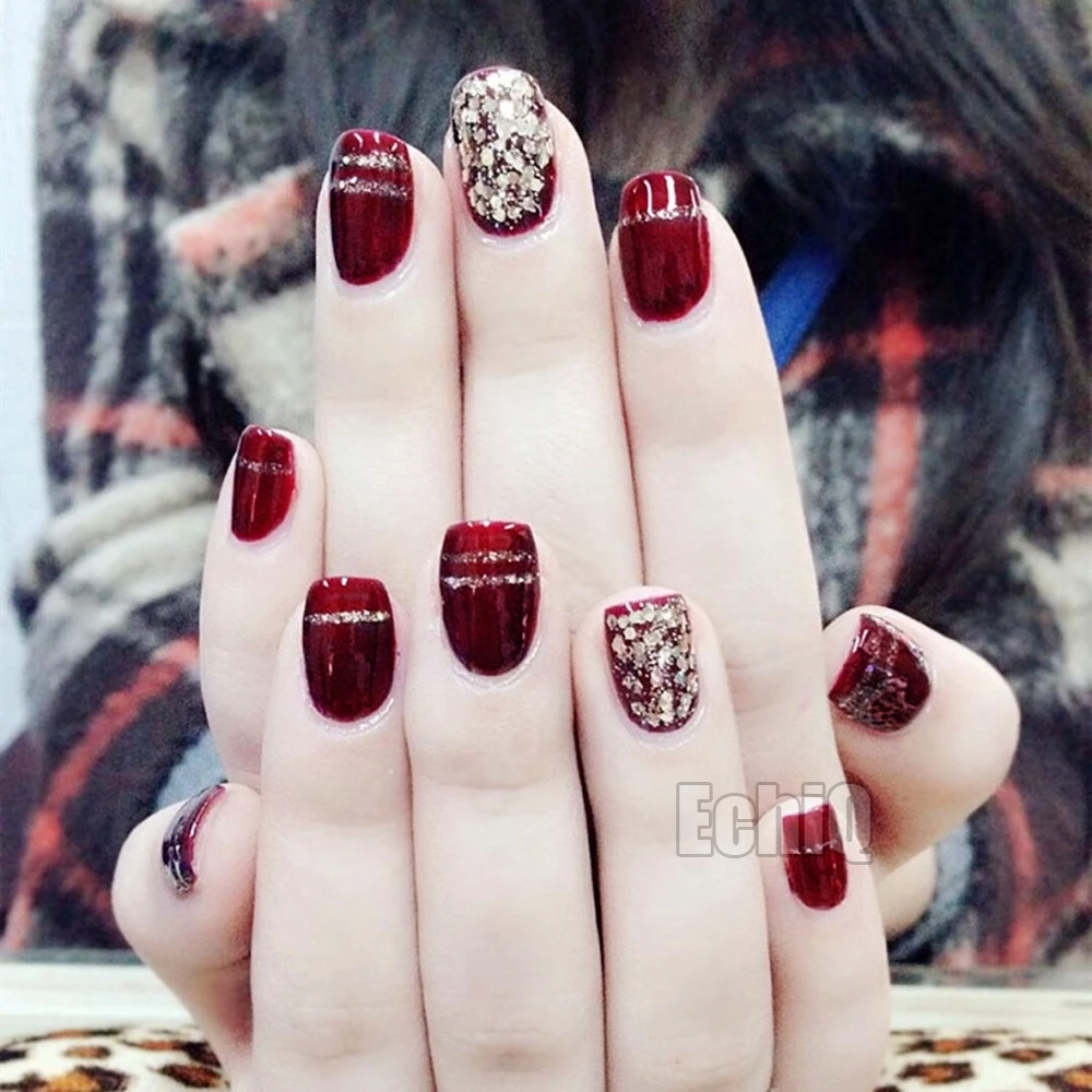 Red Wine Fake Nails Champagne Glitter Gel False French Nails Short Size Nail Art Tips Z912 Nail Art Tips Nails Shortfalse French Nails Aliexpress