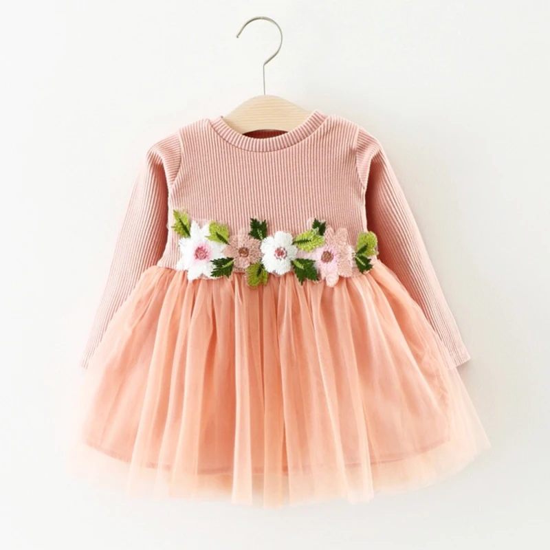 

Autumn Winter New Long Sleeve Toddler Baby Girl Dress Flower Girls Princess Dresses for Party Pink White Gray 9M-3T BEST GIFT