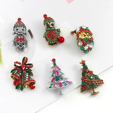 Broche de árvore de natal, retro série de pinguim de árvore de natal, papai noel decorado com diferentes cores de strass