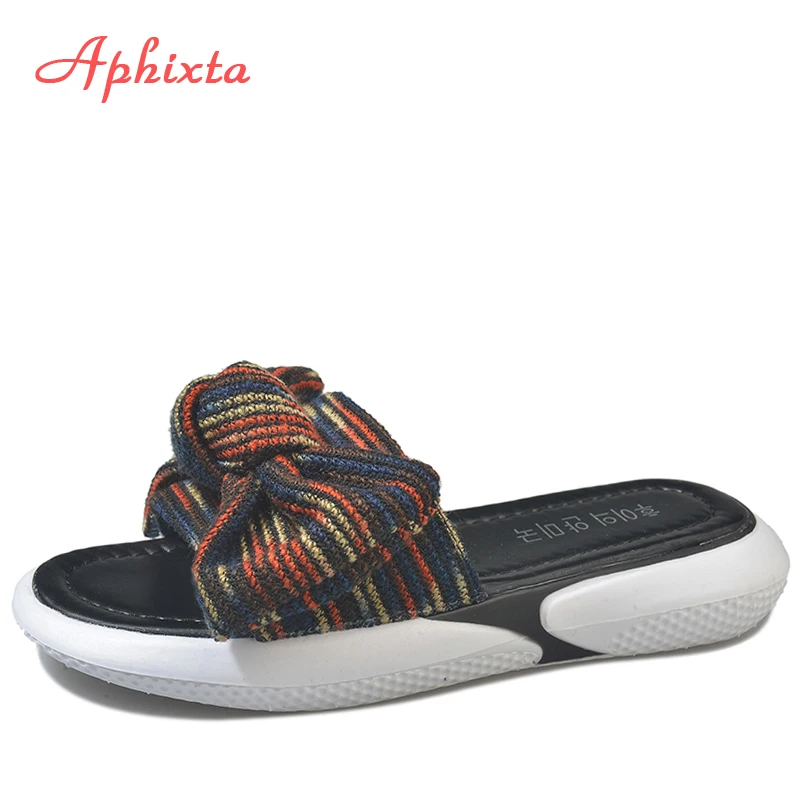 

Aphixta Striped Flower Shoes Women Summer Beach Slides Women Cotton Fabric Flat Heels Slipper Woman Rihanna Bohemia Beach Shoes