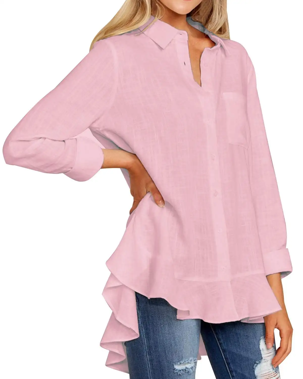 Элегантные женские блузки с оборками, рубашки, весна-осень, сексуальные женские одноцветные рубашки с v-образным вырезом и длинным рукавом с асимметричным подолом и карманами