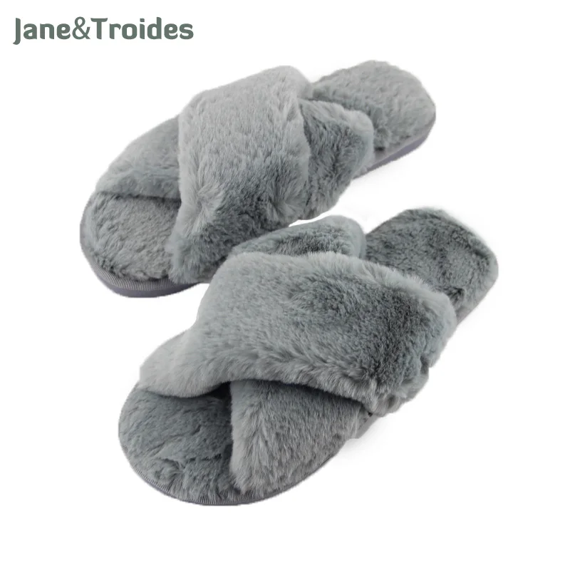 

Winter Fluffy Home Slippers For Women Thicken Anti Slip Cross Plush Flip Flops Warm Indoor Open Toe Slippers Fashion Woman Shoes