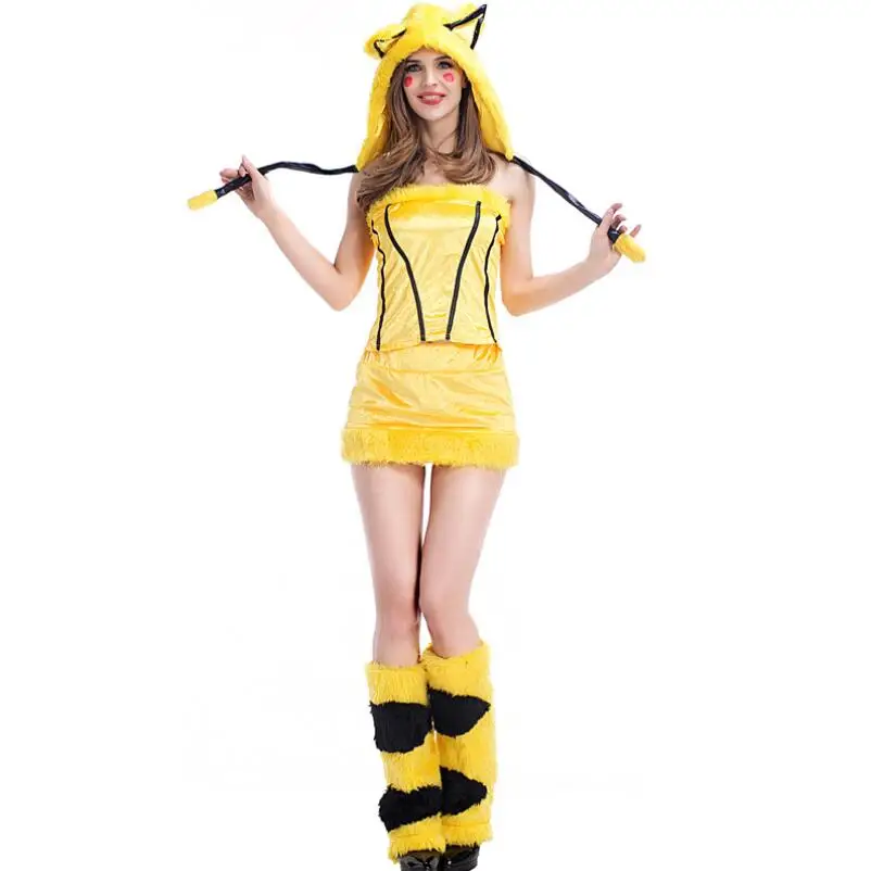 

Adult Women Sexy Pikachu Pokemon Go Costume Wagging Tail Halloween Kids Cosplay Carnival Party Dress-Up